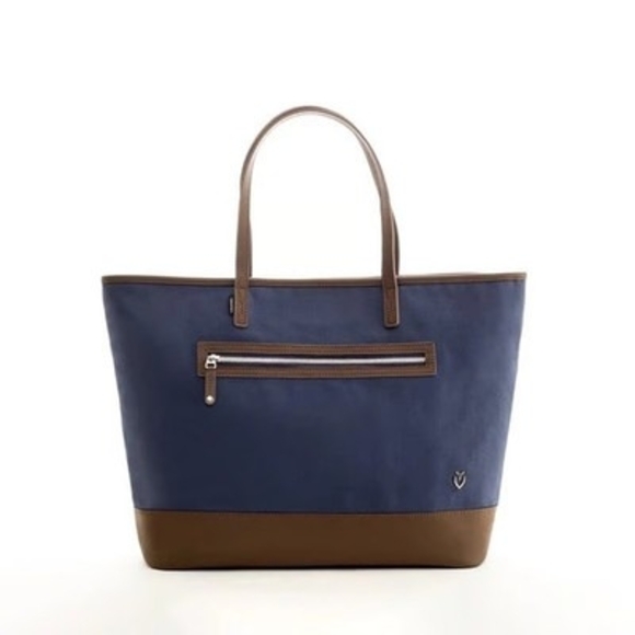 VESSEL Brown Blue Denim Canvas Leather Tote Bag Weekend Shoulder Zip Very Good - Picture 3 of 12